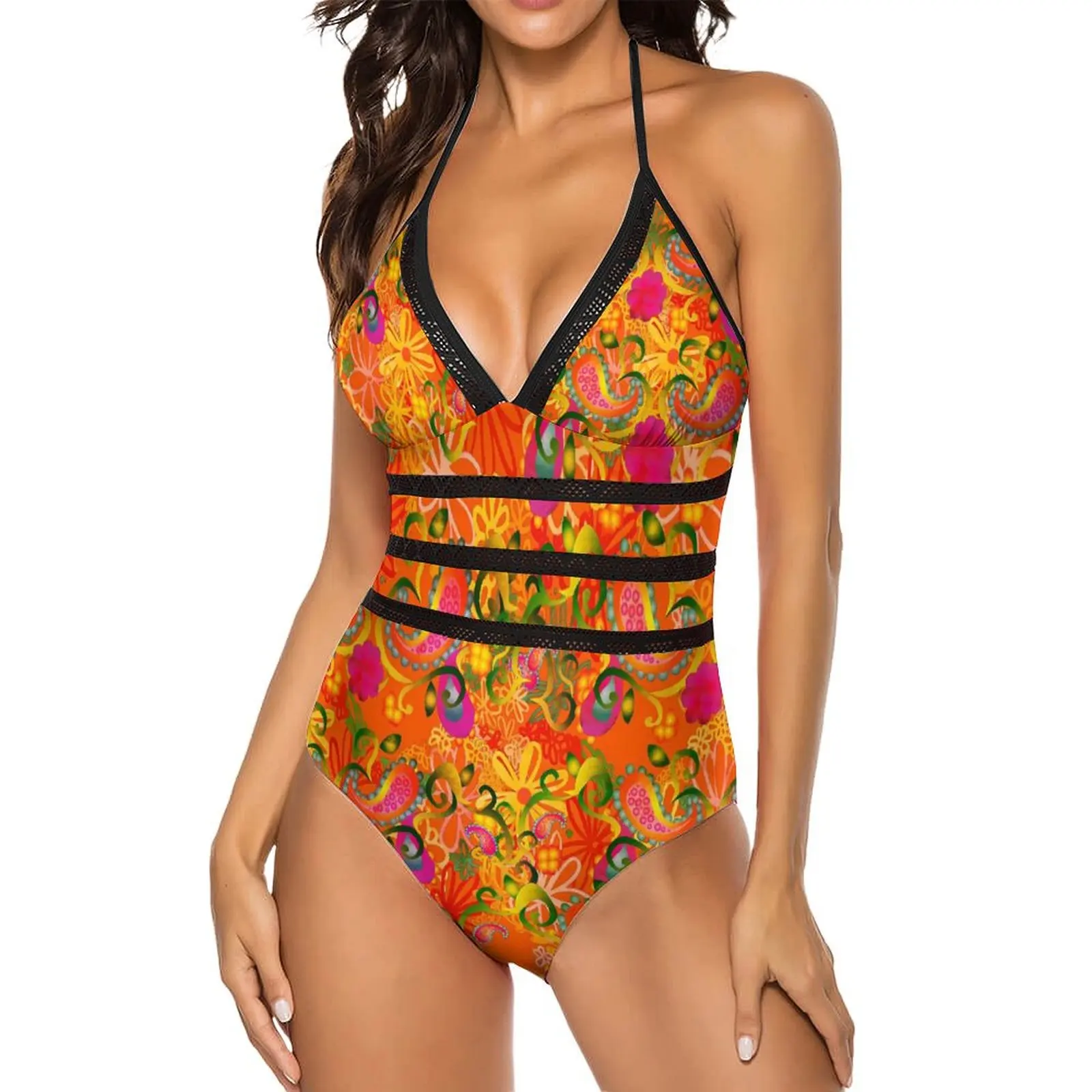 Funky Paisley Swimsuit Colorful Flowers Push Up Swimwear One Piece Hollow Out Bathing Suit Sexy Colorful Beachwear Large Size