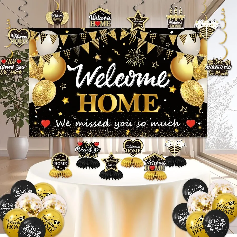 ترحيب المنزل راية الزينة30PCS الأسود والذهبي زينة الحفلات راية خلفية بالون معلق دوامة العسل المركزية