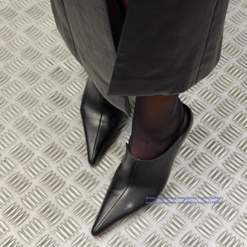 Pointy Toe Stiletto Heels Slip On Mules Slippers Black Leather Pumps Party Dress Shoes Luxury Designer Sandalias De Mujer Verano