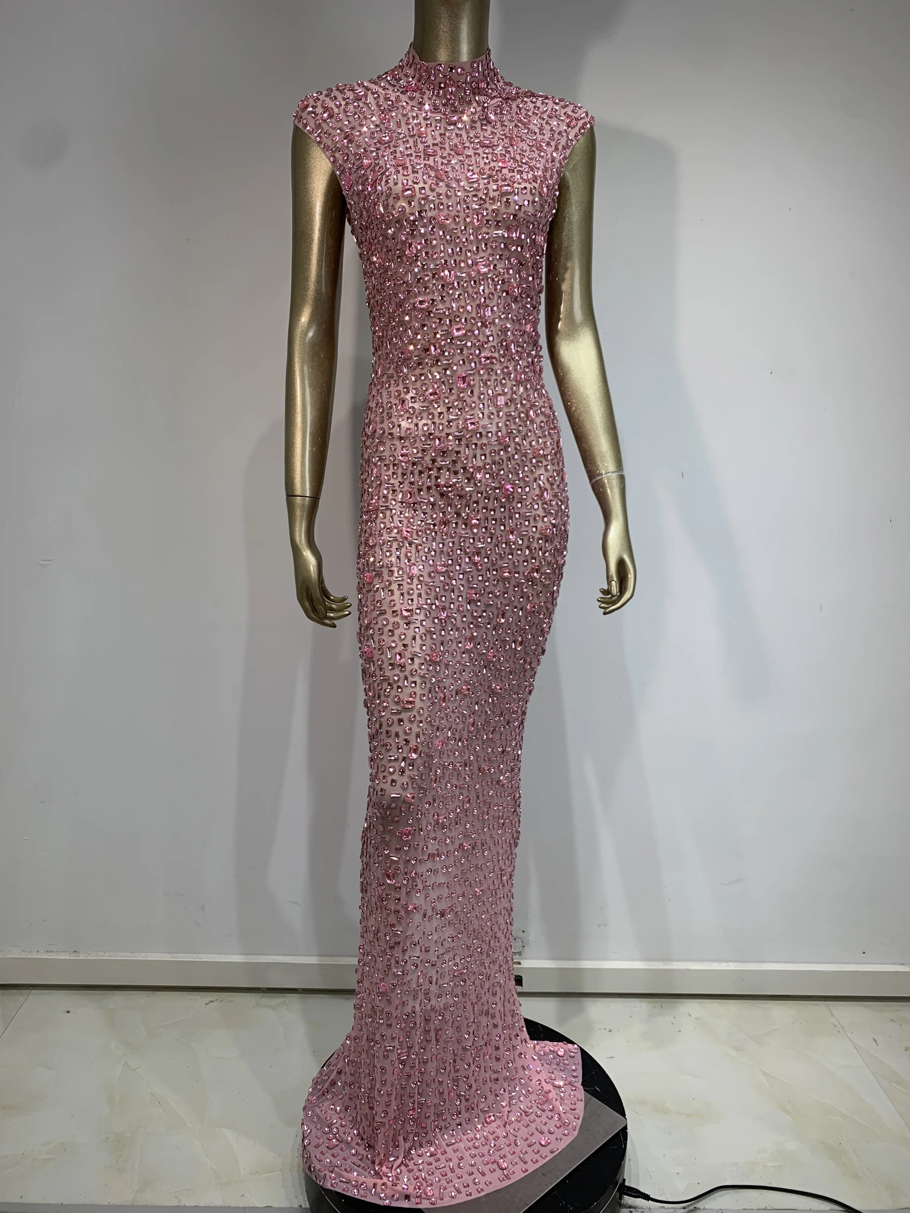 Luxury Pink Rhinestones Sexy Stretch Mesh Long Dress Women 2024 Sparkly Stage Costume Elegant Gown Evening Party Wedding Dresses