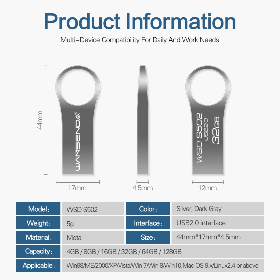Wansenda-キーリング付きポータブルUSBフラッシュドライブ、金属ペンドライブ、メモリスティック、2.0サムドライブ、8GB、16GB、32GB、64GB、128GB