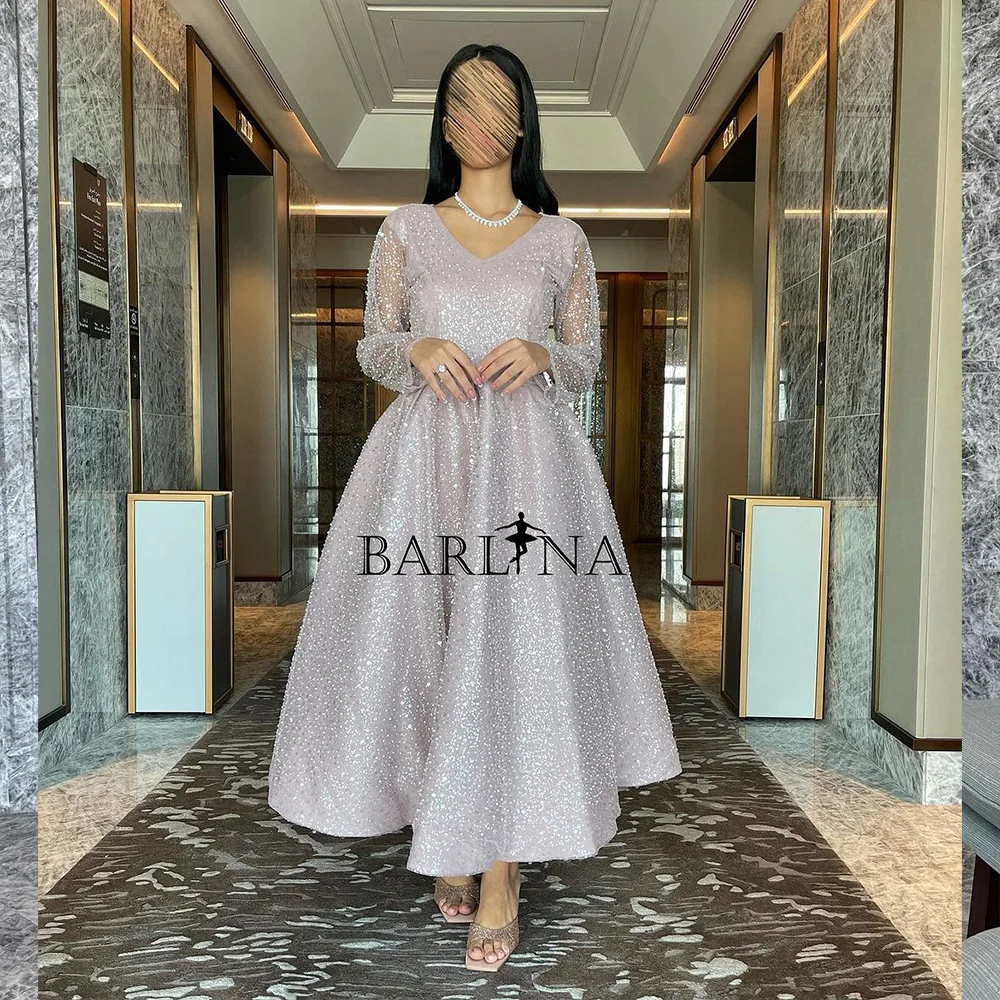 

Sparkly Sequins Tulle Evening Dresses Long Sleeve V Neck A Line Arabic Dubai Prom Dress Ankle Length Elegant Evening Party Gowns