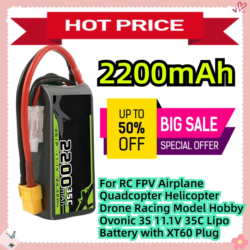 

For RC FPV Airplane Quadcopter Helicopter Drone Racing Model Hobby Ovonic 3S 11.1V 35C 2200MAh Lipo Battery with XT60 Plug