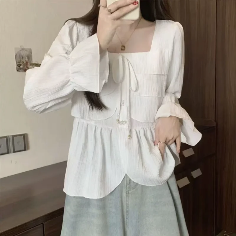 Spring Autumn Square Collar Shirts Drawstring Female Clothing Elegant Square Collar Fashion Irregular Ruffles Spliced Blouse New