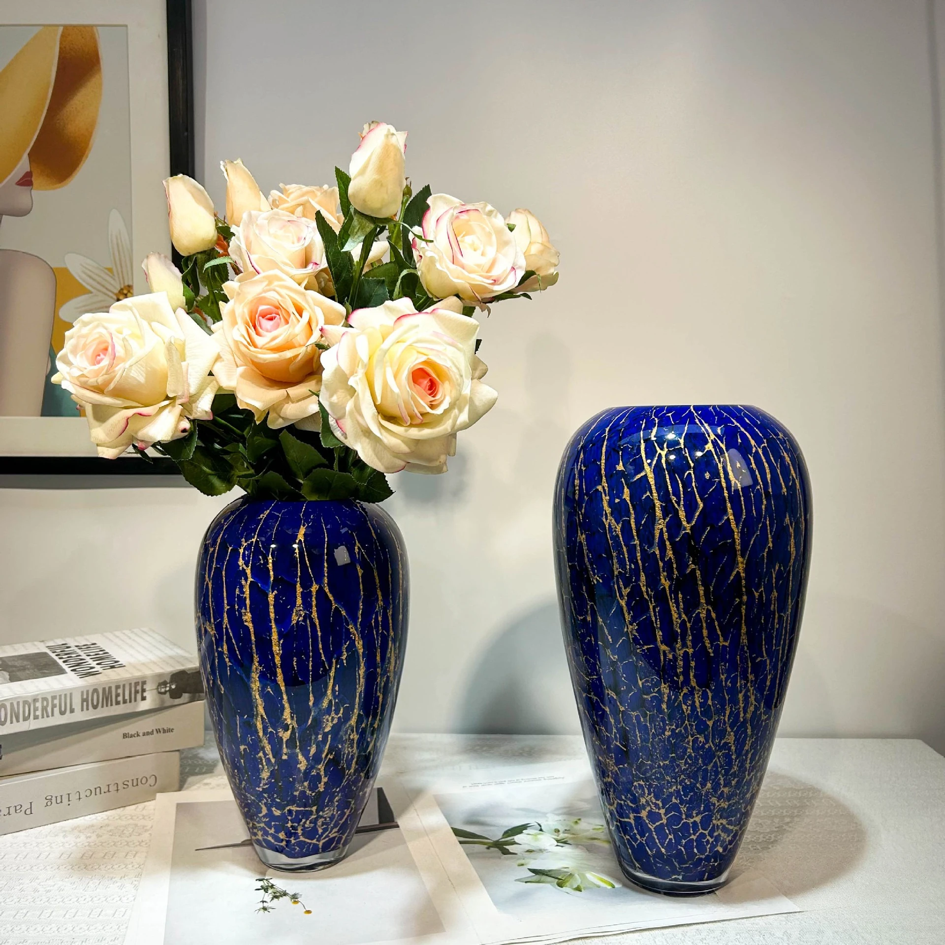 Neoclassical light luxury blue fried glass vase home office hotel lobby ornament model room advanced decoration