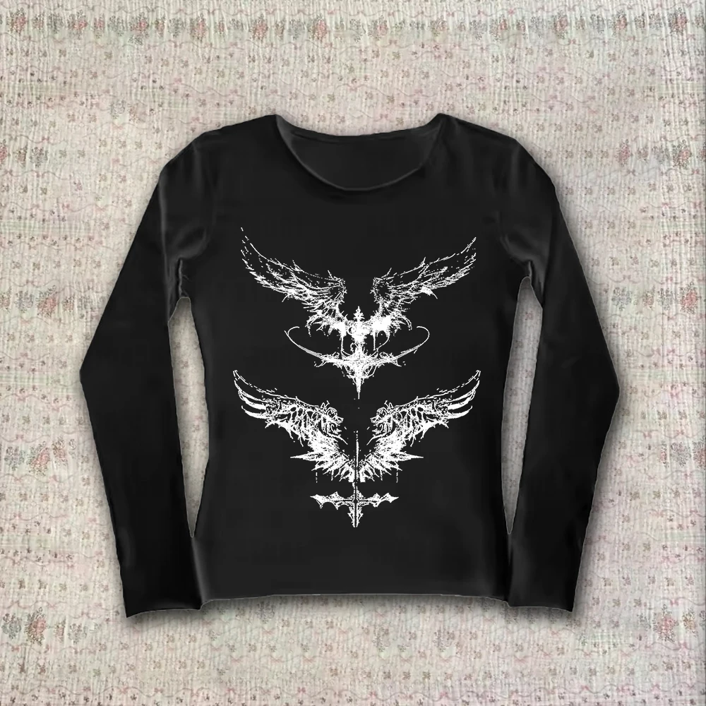 

Y2k style aesthetic sweet and sexy long sleeved top for women's casual gothic punk printed T-shirt Harajuku Grunge clothes Emo g