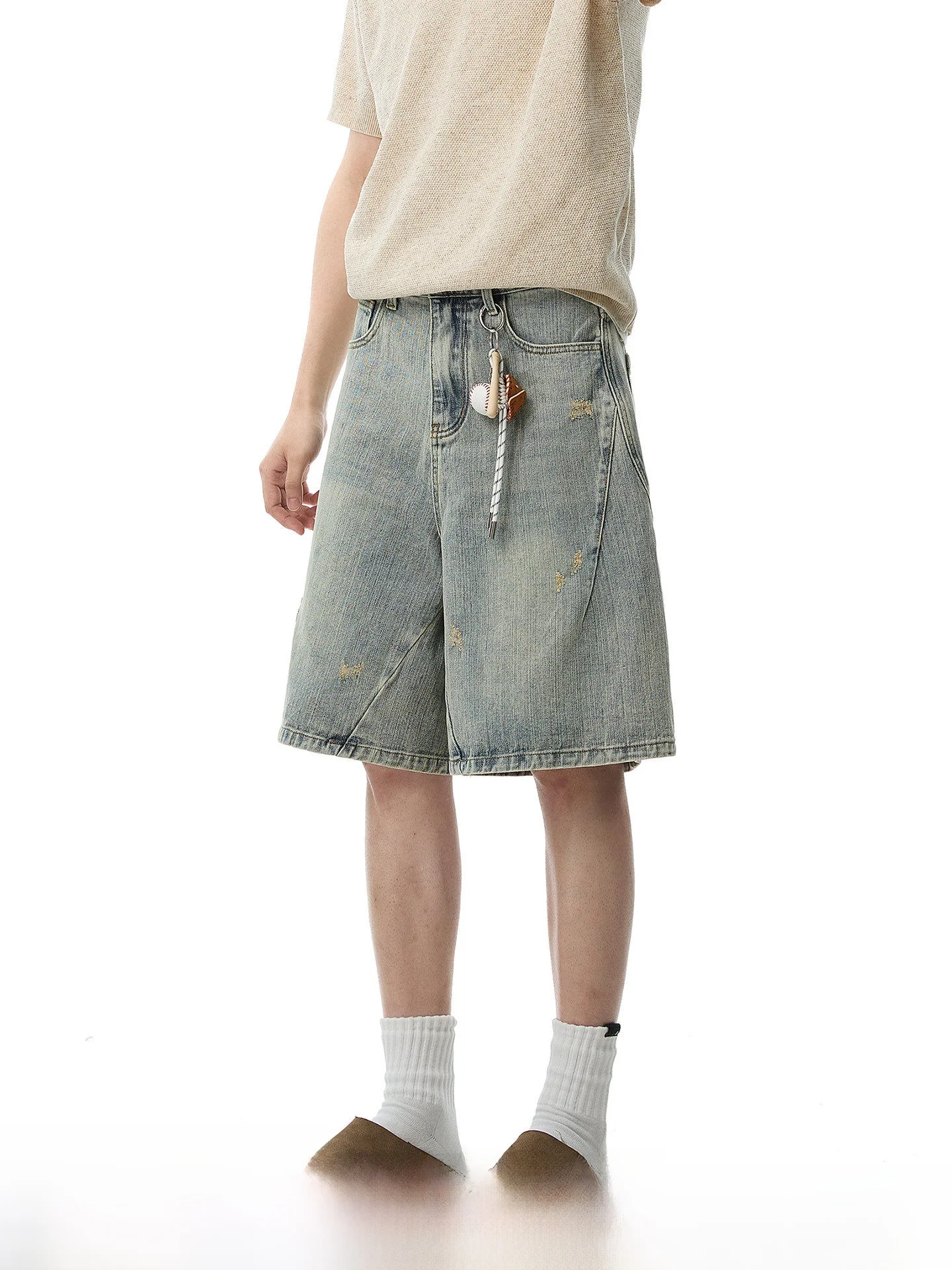 

Dream Made American Washed Distressed Denim Short Pants Men's Summer Straight Leg Five Parts Cotton Polyester Blend Durable