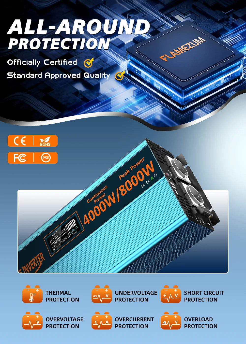 4000W 8000W reiner Sinus-Wechselrichter 12V 24V 230V DC zu AC tragbarer Spannungswandler mit Fernbedienung für Wohnmobil-Boot – Detail 4