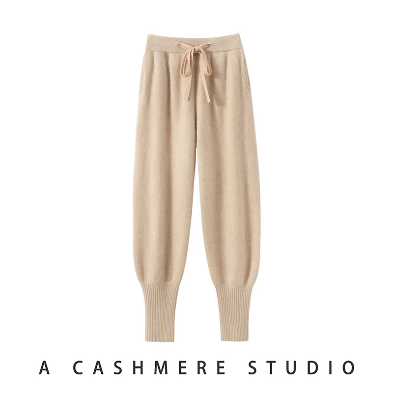 High quality Autumn Winter Women's Pure Cashmere Sport Pants Elastic Waist Loose Leg Pencil Pants 100% Cashmere Knitted Trousers