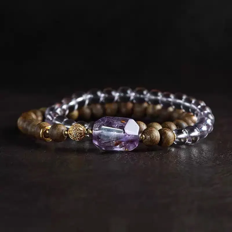 

Natural Qinan Wood Double Circle Bracelet Brazilian Ore Amethyst Chinese-style Buddha Beads Nine Purple Fire Healing HandString