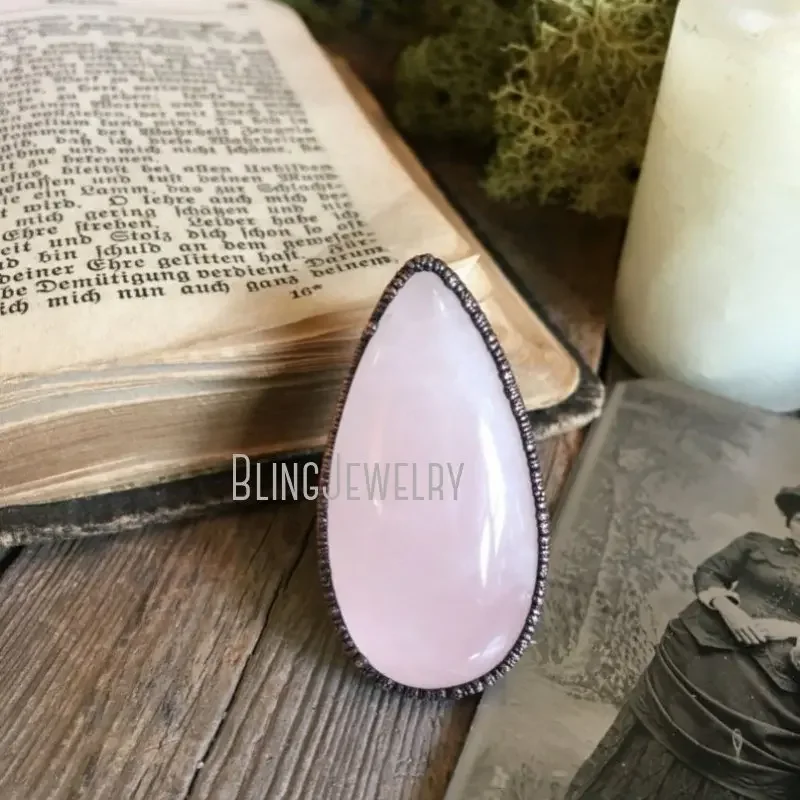 Love Tasliman Rose Quartz Crystal Pink Stone Teardrop Ring Copper Electroformed Witchy Large Statement Jewelry