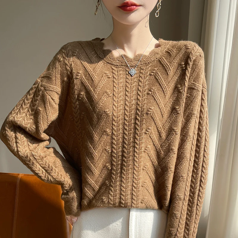 

New Fashion Jacquard Long-sleeved Round Neck Pullover 100% Merino Wool Women's Clothes Padded Cashmere Lace Collar Sweater