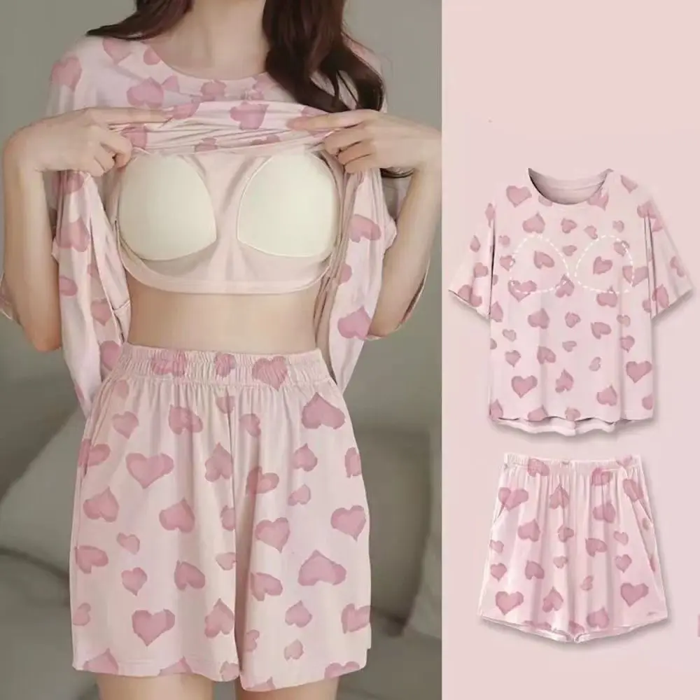 Cartoon Pajama Suit INS Trend Dots Comfortable T Shirt+Shorts Skin Friendly Loose Pajama with Breast Pad For Women Girl