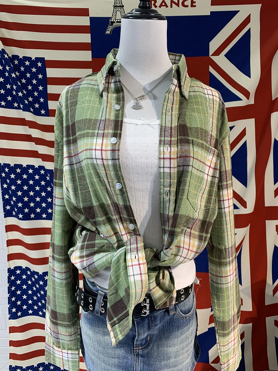 Vintage Green Plaid Y2k T-Shirts Spring Lapel Single Breasted Pocket Cotton Blouse Tops Casual Streetwear Long Sleeve Tee Top