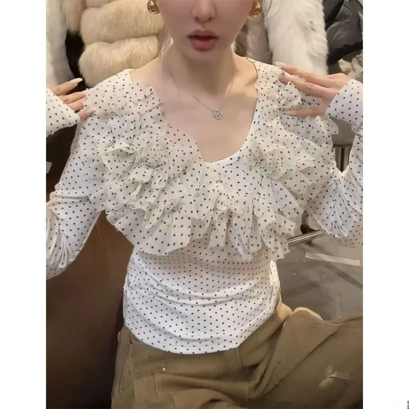 2026 Spring and Autumn New French Sweet Polka Dot Lotus Leaf Edge Splicing Mesh T-Shirt Small Shirt Women