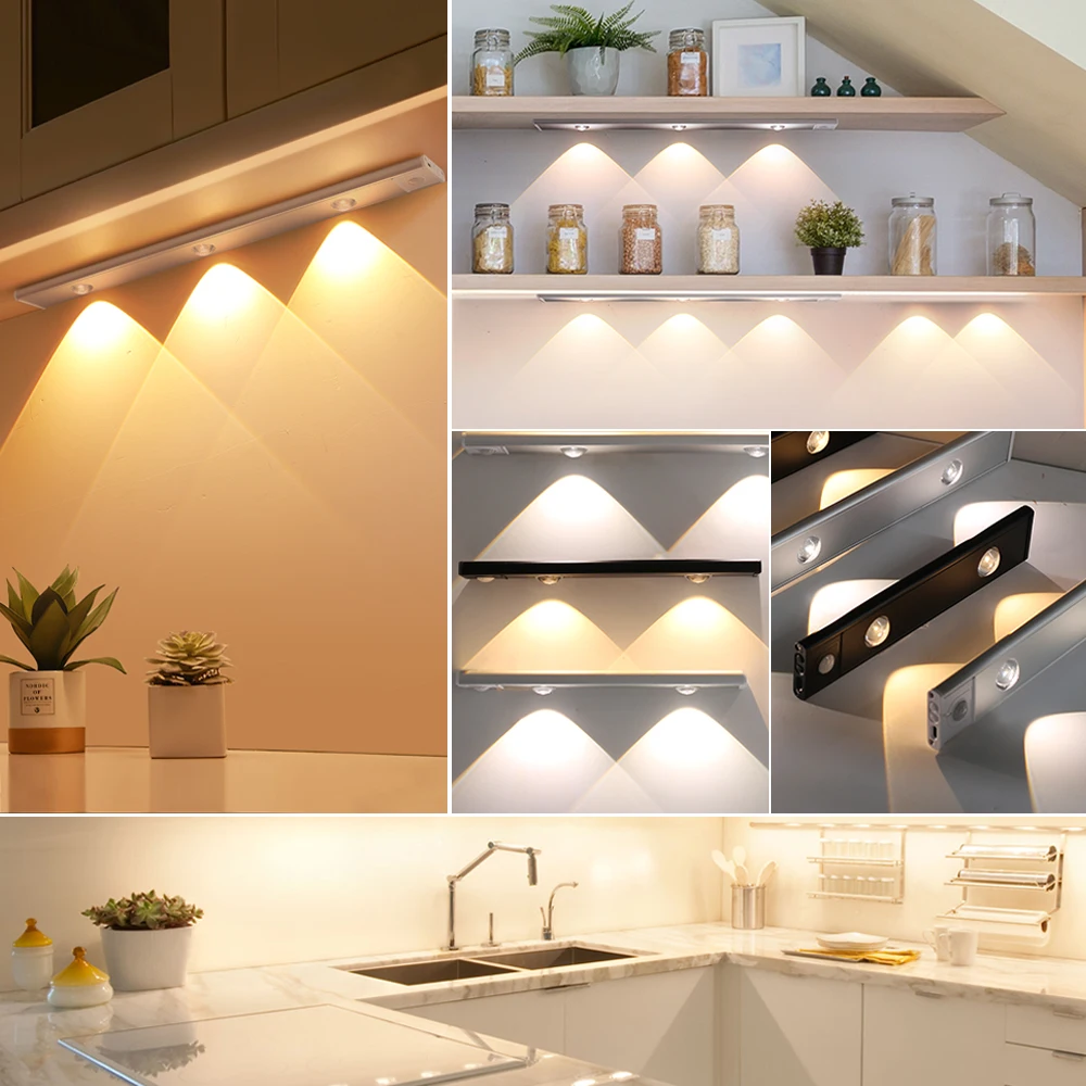 Ultra Thin LED Under Cabinet Light PIR Motion Sensor LED USB Rechargeable Kitchen Cabinets Lighting Aluminum LED Night Light