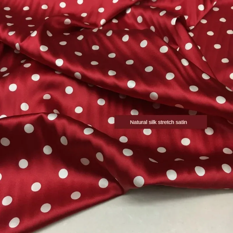 Heavy Silk Fabric New Summer 19mm Red Bottom White Dot Print Stretch Silkworm Silk Satin Dress Fabric