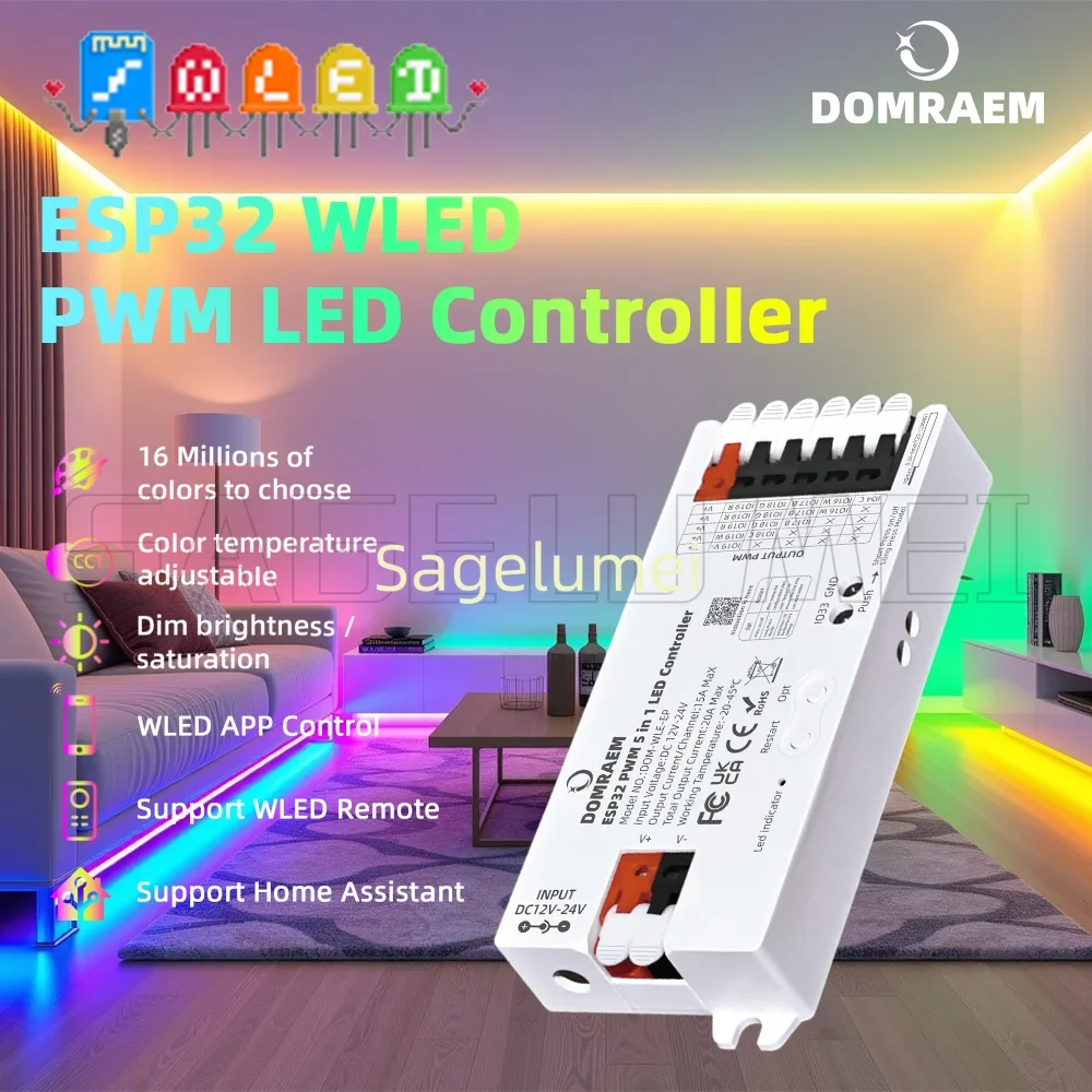 

Контроллер DOMRAEM WLED ESP32 PWM для аналоговой светодиодной ленты, 5-в-1 для 2/3/4/5/6 проводов, белый CCT RGB RGBWCCT, Alexa Google Home HA