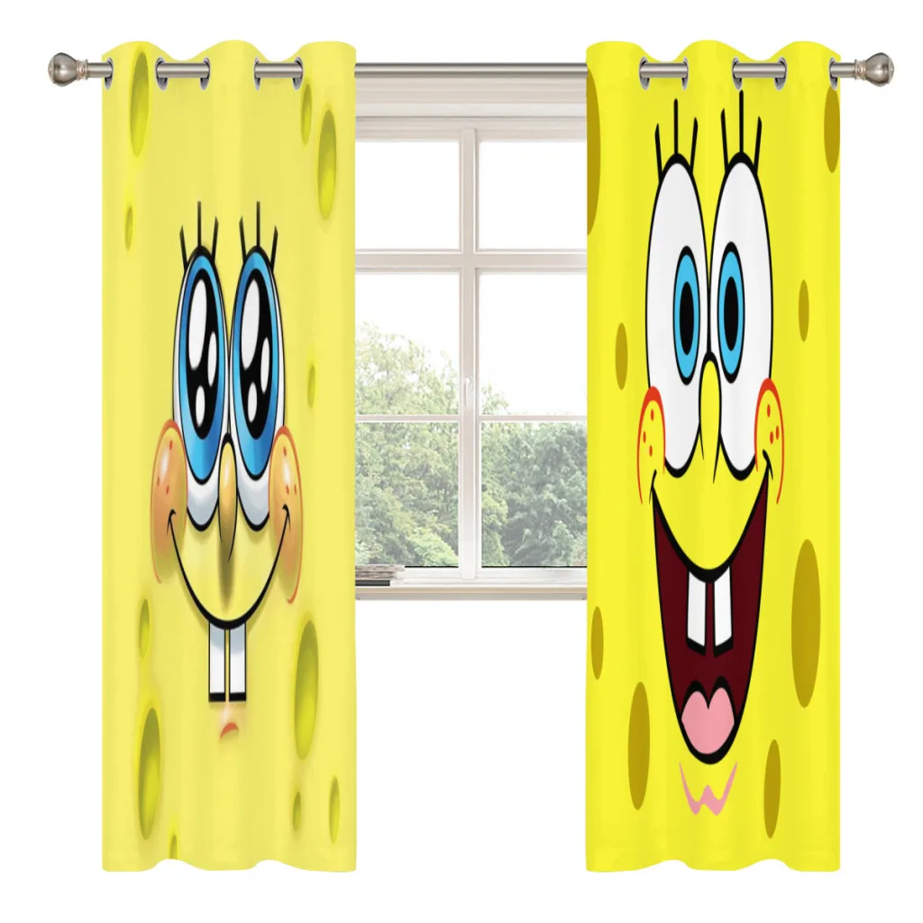 Cute Sponge-bob Cartoon Window Curtains  for Living Room Bedrooms 2 pieces Aesthetic Room Decoration