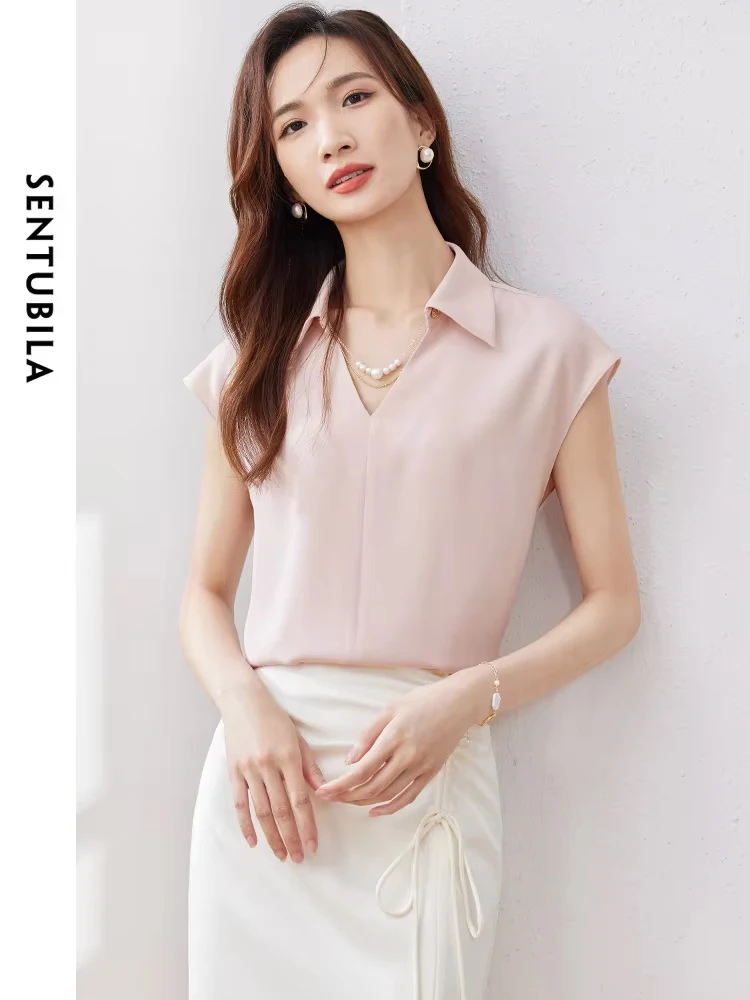 SENTUBILA Office Lady Chiffon Blouse 2024 Summer Turn-Down Collar Solid Sleeveless Shirt Top Woman Shirts & Blouses 132V49689