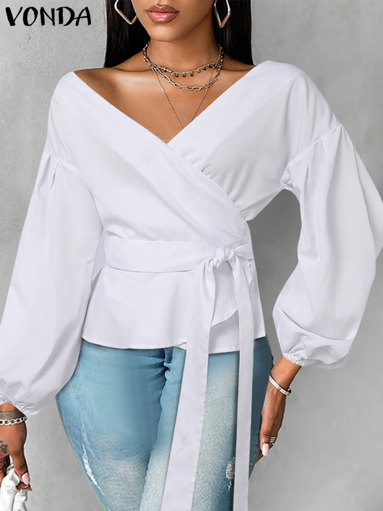 Plus Size 5XL VONDA Women Ruffled Blouses 2024 Casual Lantern Long Sleeve Tops Fashion Tunic Solid Color Belt Elegant Blusas