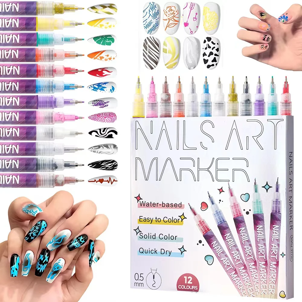 

12-Color Ultra-Fine 0.5mm Nail Art Marker Set, Nail Art Markers, Acrylic Paint Pens, Waterproof Nail Art Pens