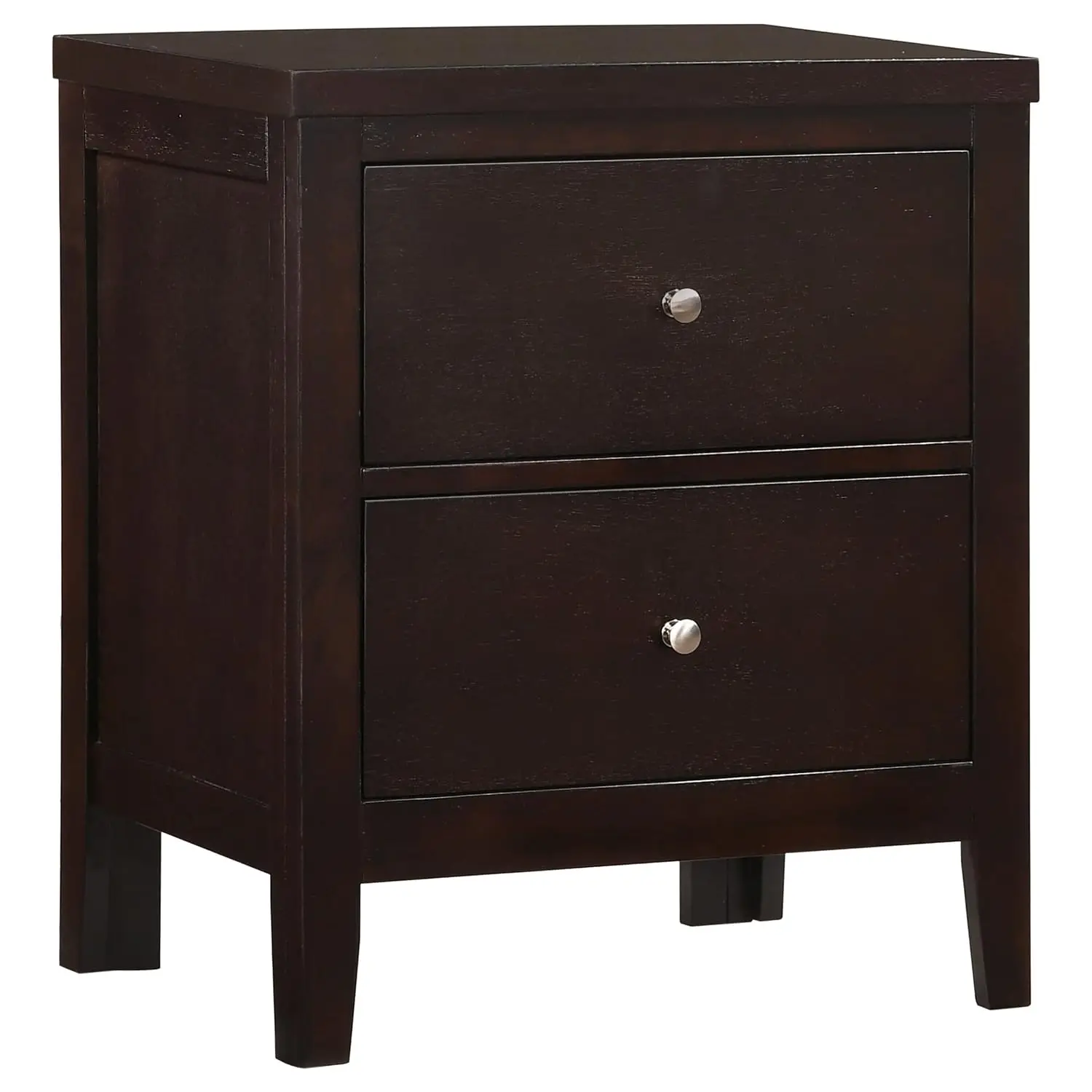 Wood 2-Drawer Nightstand with Flat Fronts Round Knobs Tapered Legs Bedroom Cappuccino, Customized