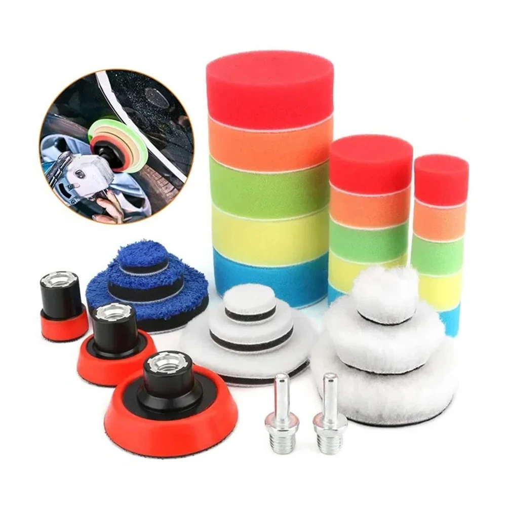 29Pcs Car Foam Drill Polishing Pad Kit Drill Adapter Power Tool Car Polisher 1/2/3 Inch Buffing Pad Set Auto Detailing Pads