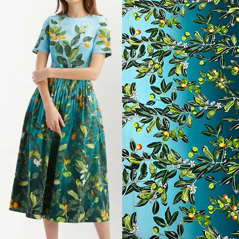 Kumquat and Leaves Printed Poplin Cotton Fabric For Sew Women's Dress Blouse Pants Handmade DIY Cloth Sewing Material