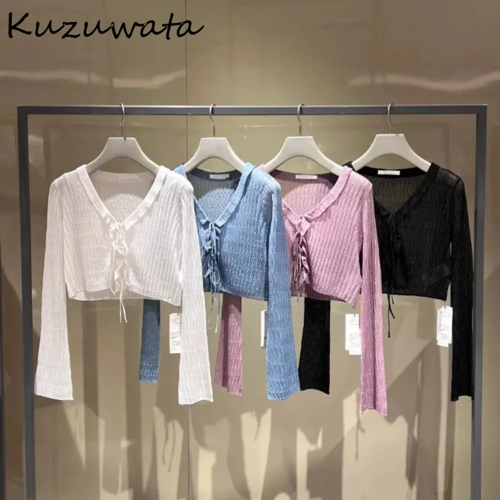 Kuzuwata Sweet V Neck Long Sleeve Elegant Jumper Solid Stripe Fungus Casual Cardigan Japan Early Spring New Lace Up Knit Sweater