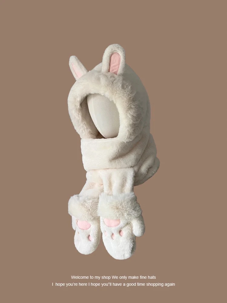 طقم قبعة ووشاح وقفازات أنيق بتصميم أذن أرنب للنساء، أكمام طويلة أنيقة