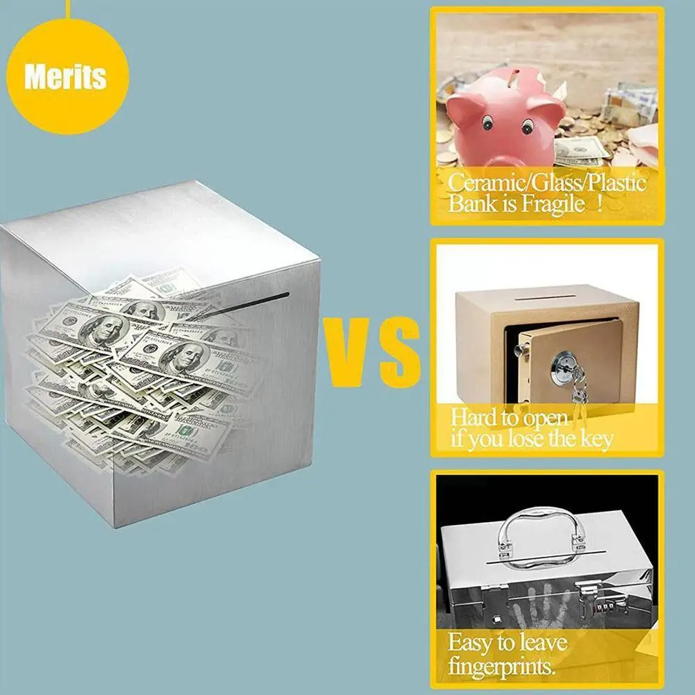 Only Save Money Steel Cube Piggy Bank Large Capacity Plan Metal Money Cash Box Box Pot Deposit Gift Birthday Savi F1f6