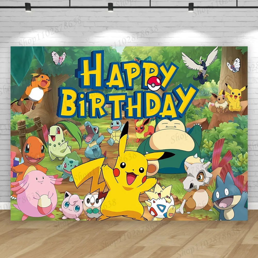 Pokemon Happy Birthday Photography Backdrop Decoration Kids Boy Baby Shower Pocket Monster Pikachu Anime Background Banner