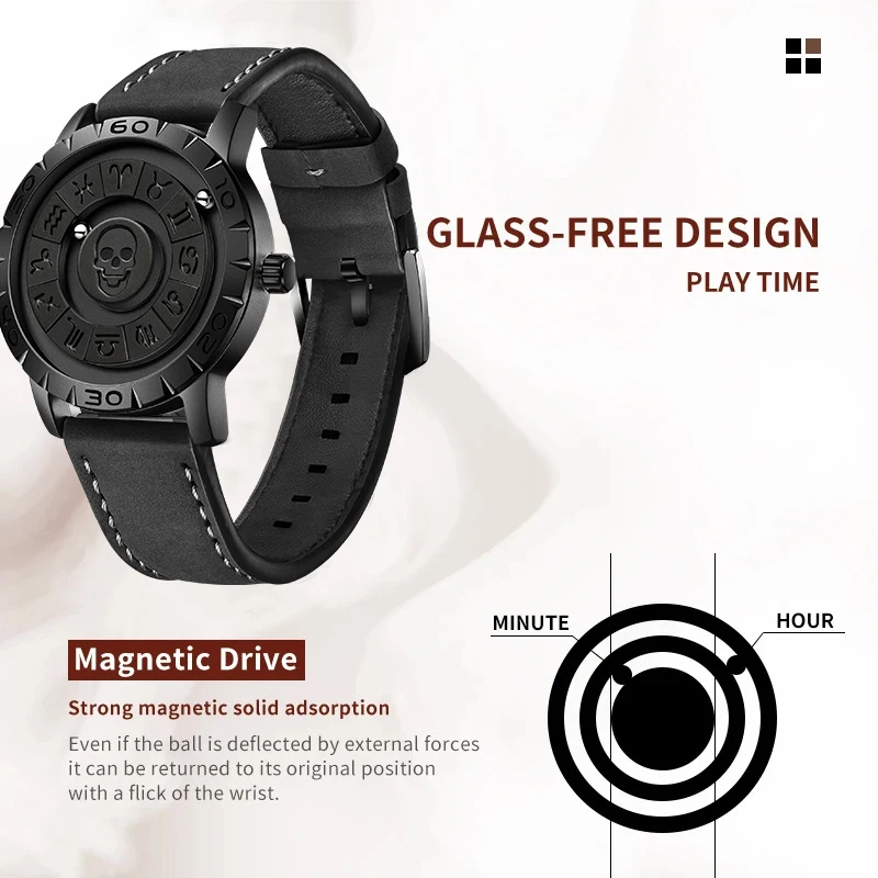 LIGE FOXBOX Unique Design Quartz Man Watch Simple Fashion Leather Belt Casual Sports Magnetic Srolling Beads Skull Men's Watches