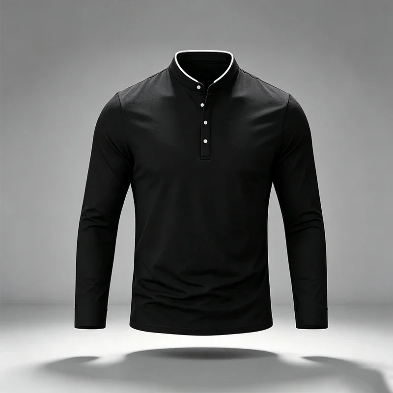 Mens Long Sleeve Stand Collar Polo Top Button Closure Contrast Collar Edge For Travel Shopping Everyday Casual Dressing