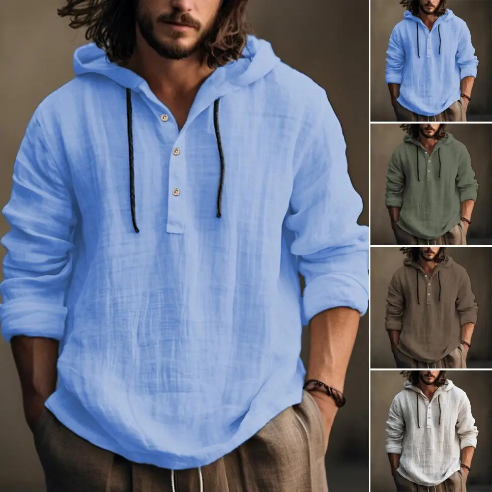 Men Shirts Hoodie Blouse Long Sleeve Buttons Pullover Solid Comfortable Cotton Linen Casual Loose Holiday Shirts Male Tee Tops