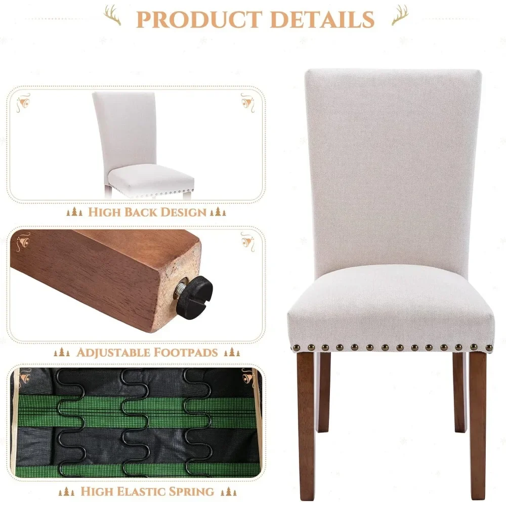 Dining Chairs Set of 6, Upholstered Nailhead Dining Room Kitchen Side Chair with Thick Cushions and Wood Legs, Beige image 6