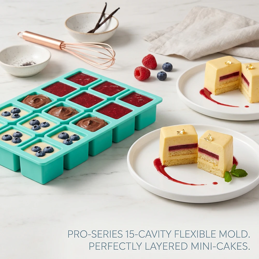 15 cavity long square shaped silicone mold for baking mousse cakes, 3D candy pastries, chocolate truffles, paper cupcakes, jelly view 6