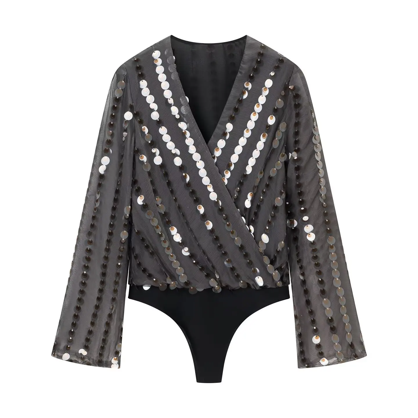 

Элегантный женский комбинезон свободного кроя с V-образным вырезом и декором из пайеток 32BF