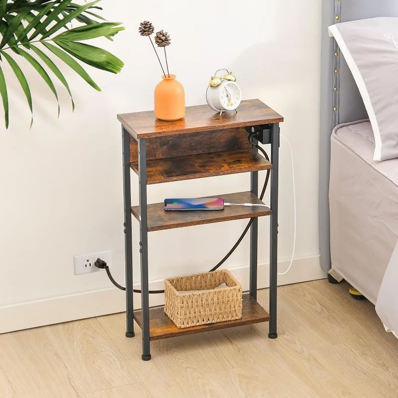 Narrow Side Table with Charging Station, End Table for Small Spaces, Skinny Nightstand with Storage Shelf, Narrow End Table with