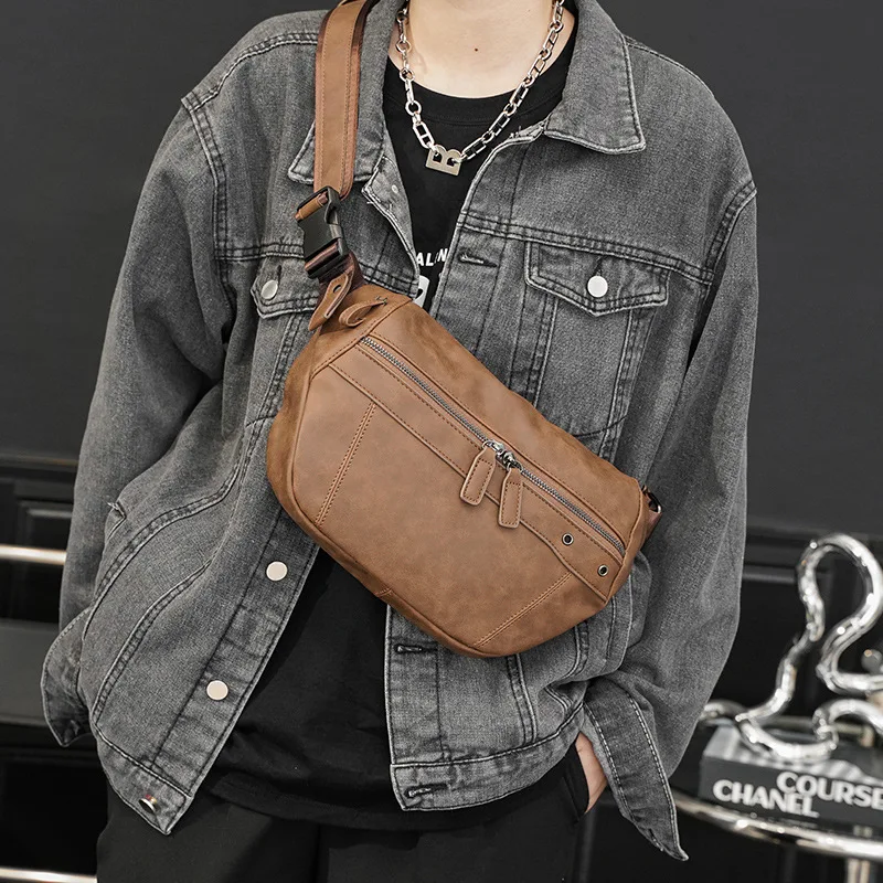 Korean Style Man Chest Bag Free Shipping Fashion Men Shoulder Bags Retro Sling Bag Leisurely Men Crossbody Bag Leather Waist Bag