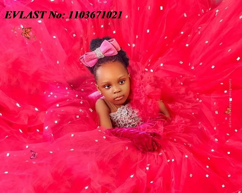 EVLAST Red Girls Birthday Party Dress Princess Beaded Puffy Flower Girl Dress Wedding Baby Kids Ball Gowns for PhotoShoot FD16