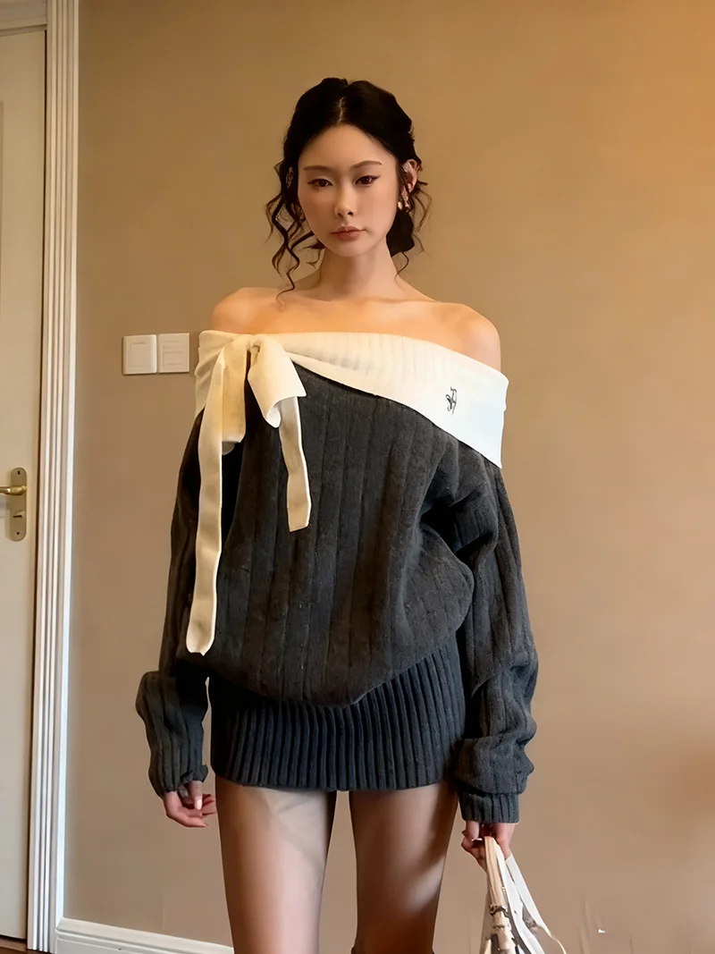 Stunning One-oulder Knitted Dr Women's Autumn Winter Faion Bow-Tied Long Sve Loose Soft Top  Knot Belted D...