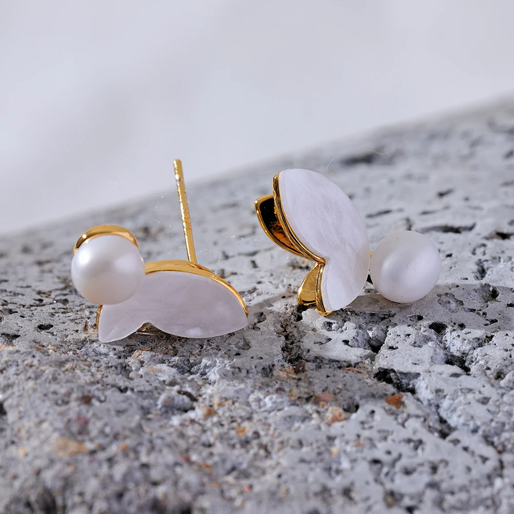 Mchic-Boucles d'oreilles mignonnes avec perles naturelles, coquillage acrylique, breloque papillon, cuivre, bijoux coréens, 03/petit clou