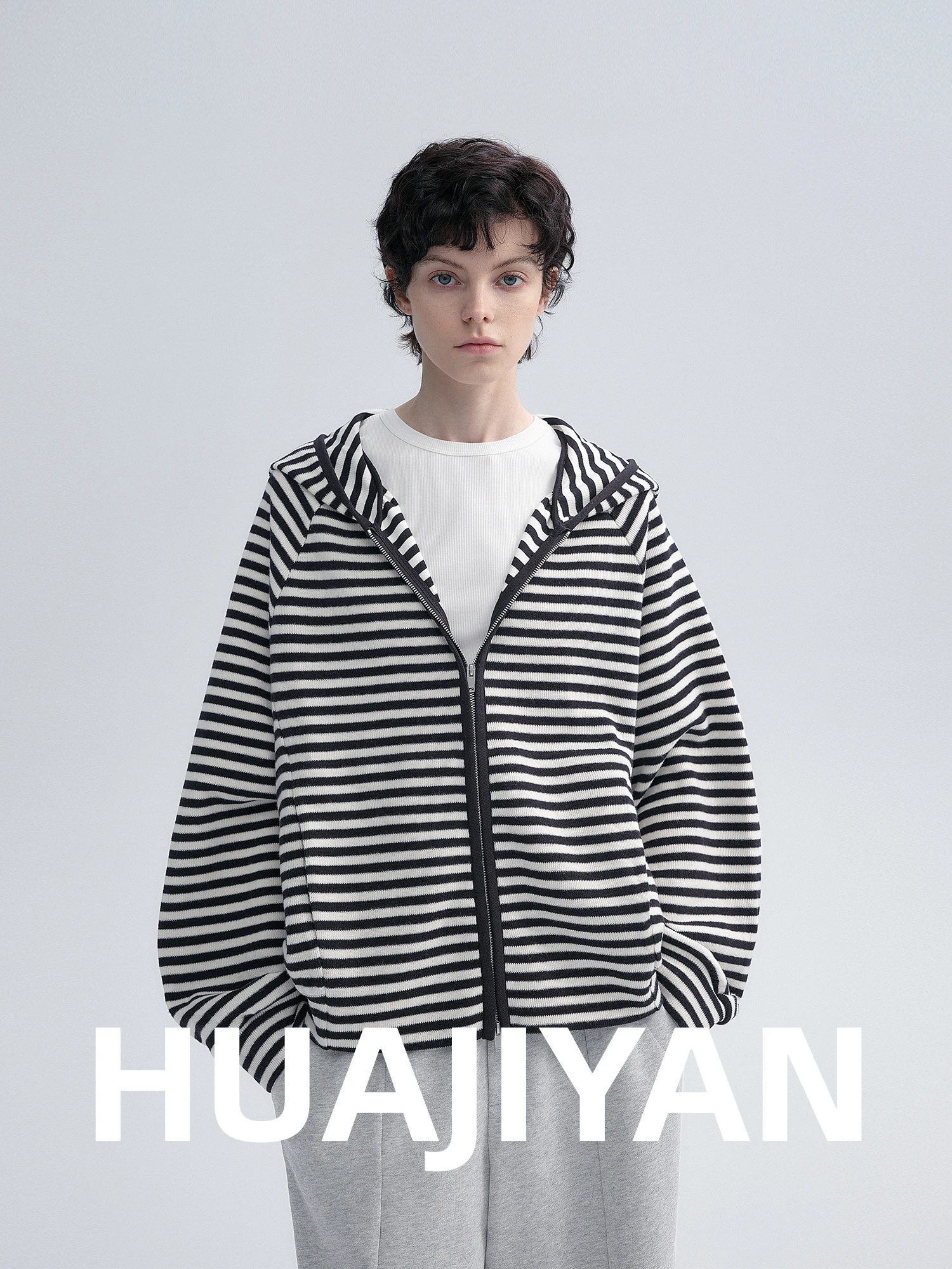 

Double-Sided Hat-Lamp Sve Striped Jaet Hooded Top Cotton Blend mat Women's Spring Outerwear Zipped Closure