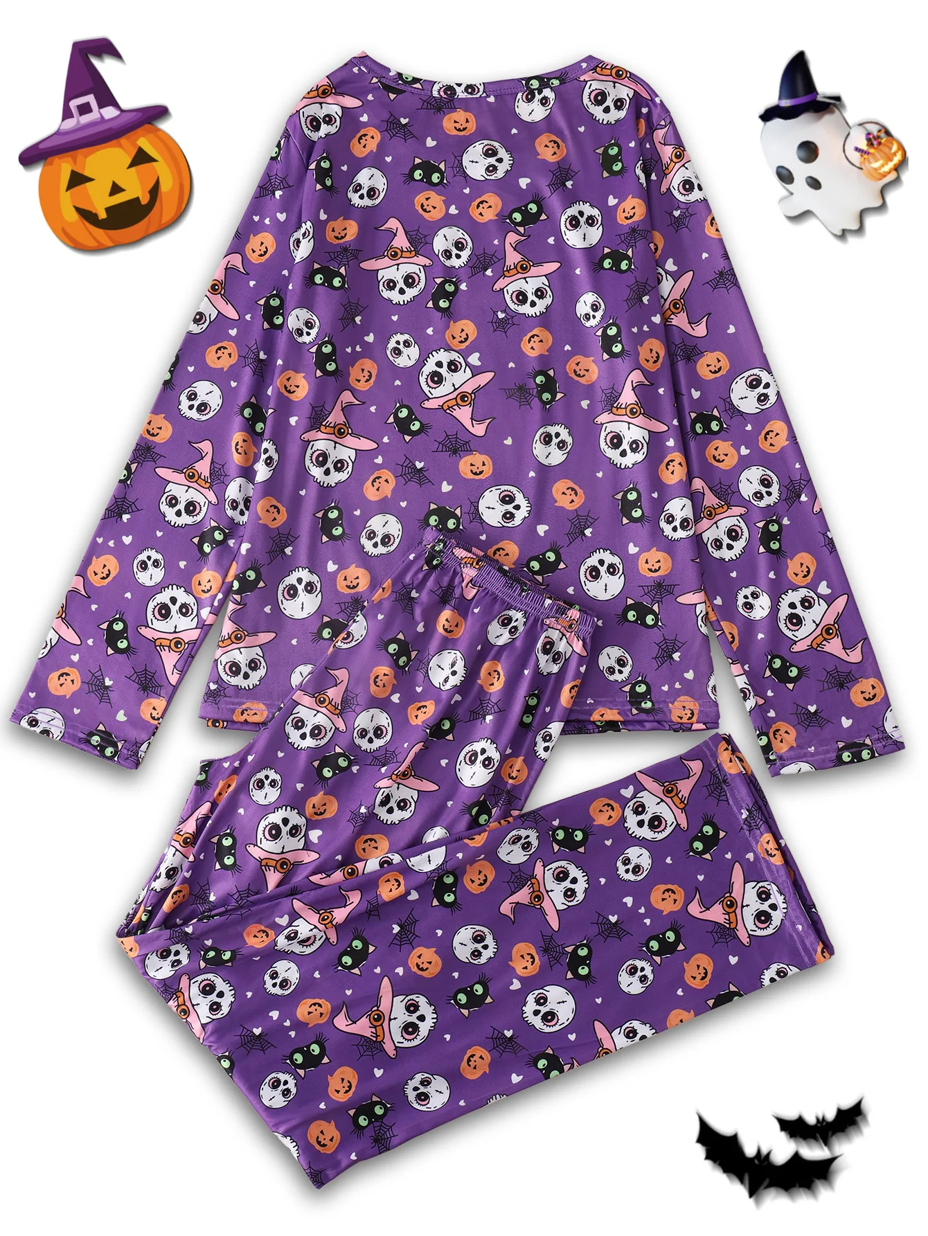 2pcs Women\'s pajama Set Halloween full print crewneck long sleeve T-shirt and pants Women\'s pajama set