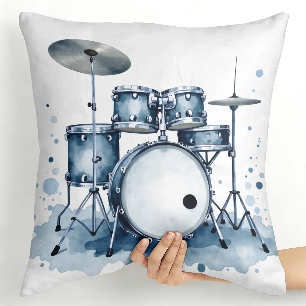 Drum Set Illustration Double-Sided Decorative Pillowcase, Modern Music Instrument Cushion Cover for Home Office Car