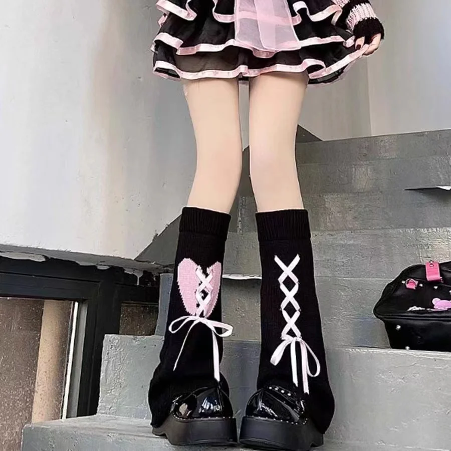 1 pair of cute ladies\' bow Lolita heart binding double-sided knitted calf socks y2k Japanese JK black and white pink leg covers