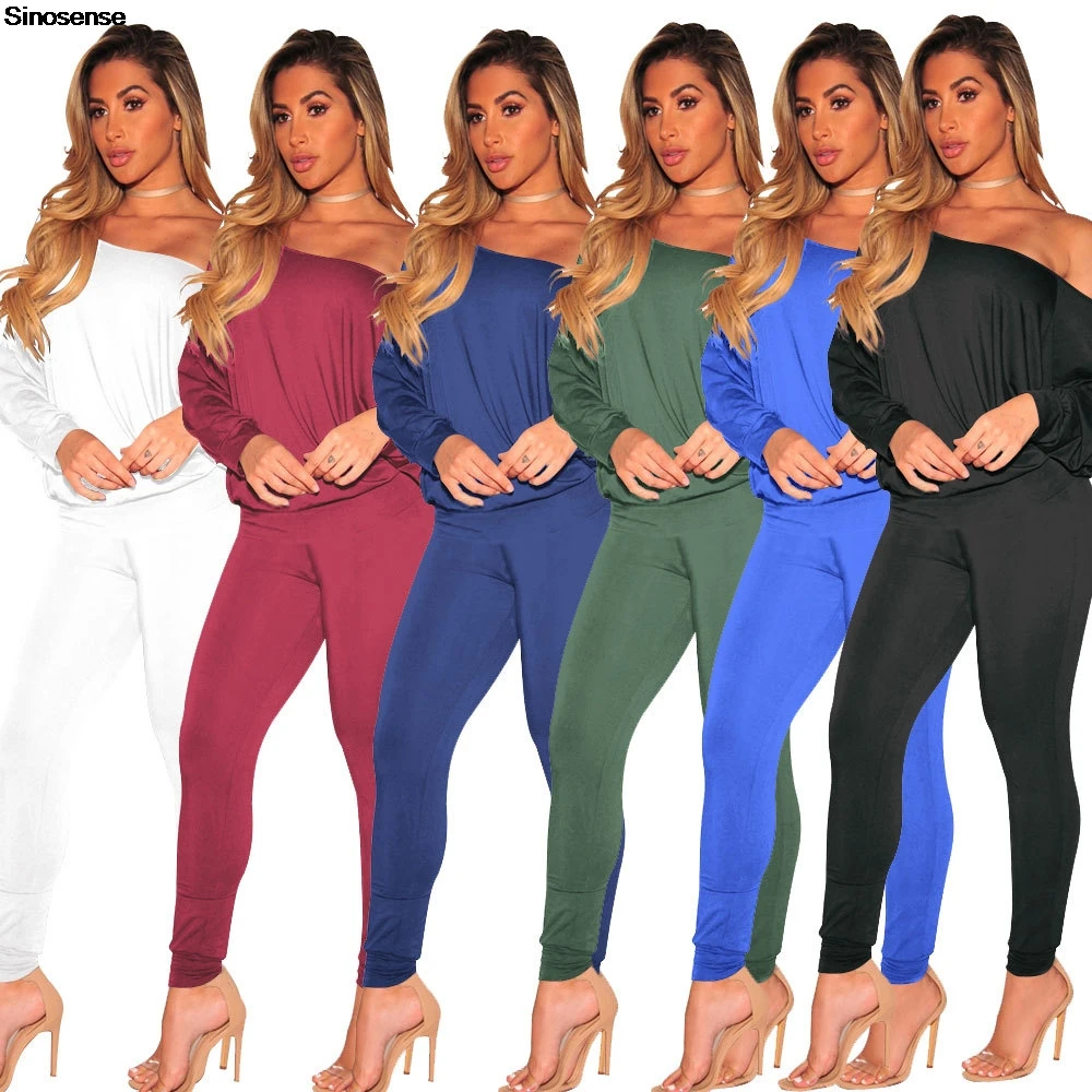 Women Two 2 Piece Outfits Tracksuit Sexy One Off Shoulder Long Sleeve Bodycon Pants Set Casual Wear Night Out Club Party Outfits