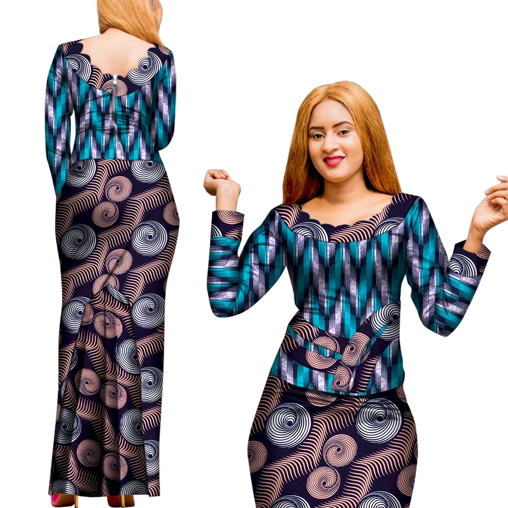 2 Pcs Skirt and Top Set African Clothes for Women African Print Women Long Sleeve Blouse and Long Skirt Ankara Outfit WY8008